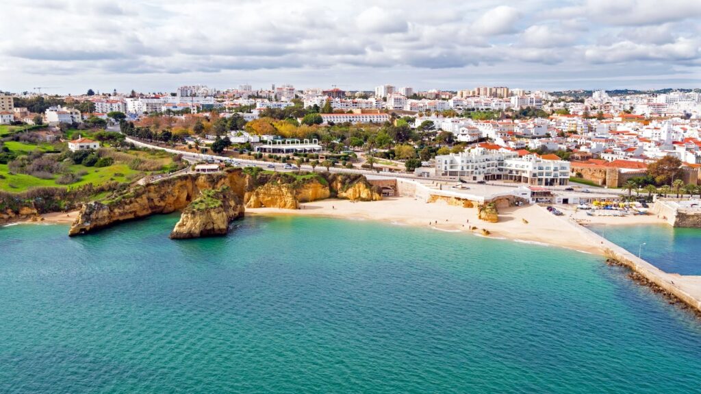 The cliffs and sandy beach at Lagos in the Algarve