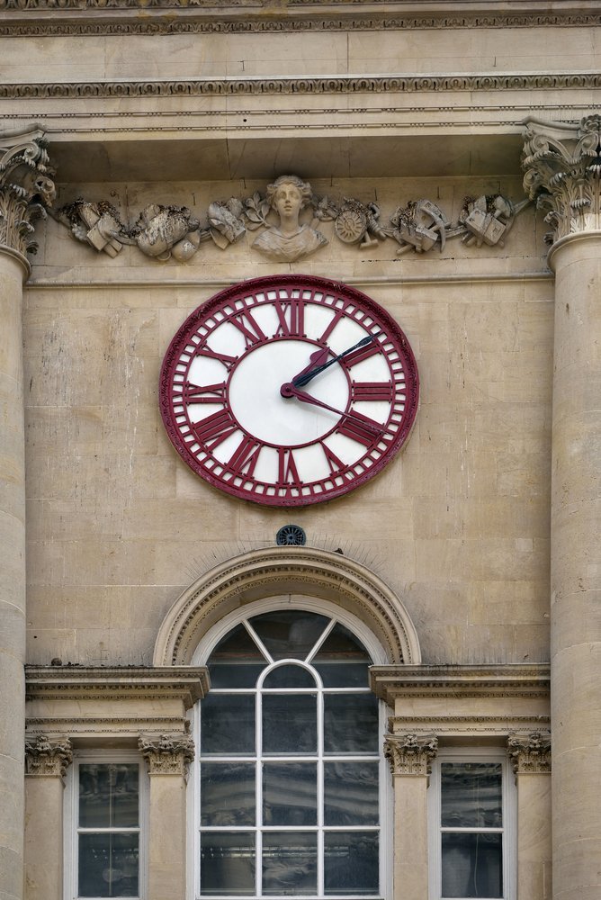 The clock on the Corn Exchange by St Nicholas Market in Bristol's Old Town