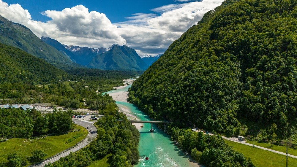 The emerald-green Soča River near Bovec in the Soča Valley