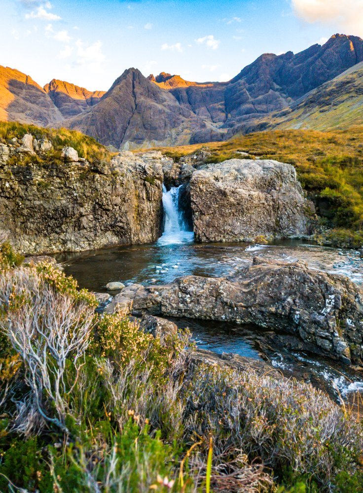 The Fairy Pools in Glen Brittle with the Cuillin mountains in the background on the Isle of Skye
