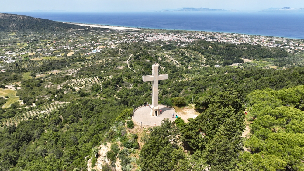 Aerial view of the monastery and the large cross on Filerimos on Rhodes