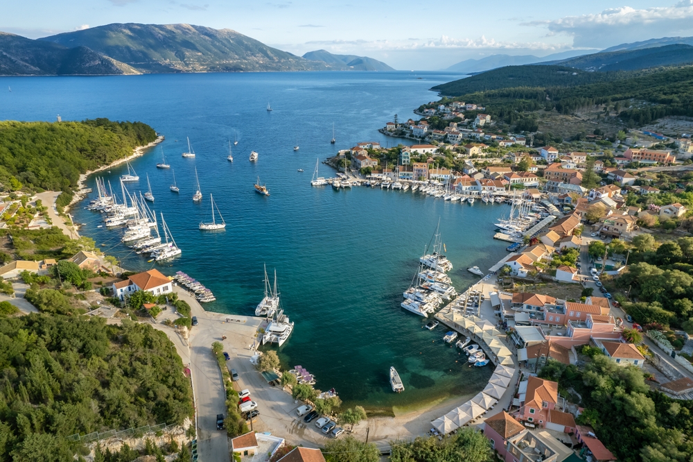Aerial view of Fiskardo and the harbour