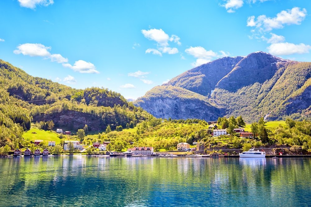 Flåm at the innermost point of the Aurlandsfjord between steep mountains