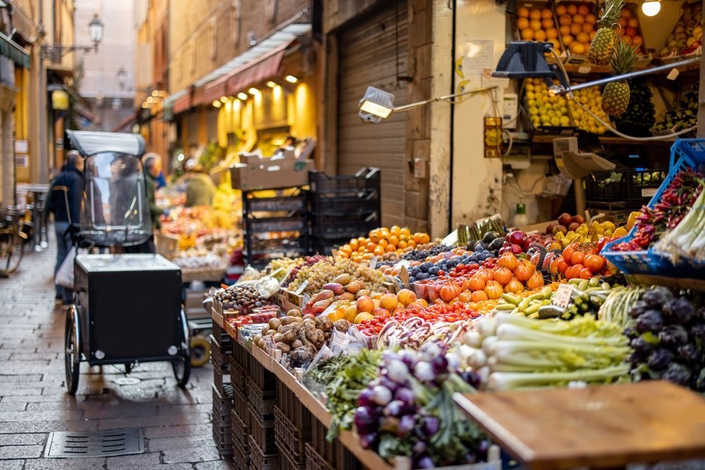 Fruit and vegetable stalls in the Quadrilatero food district in Bologna