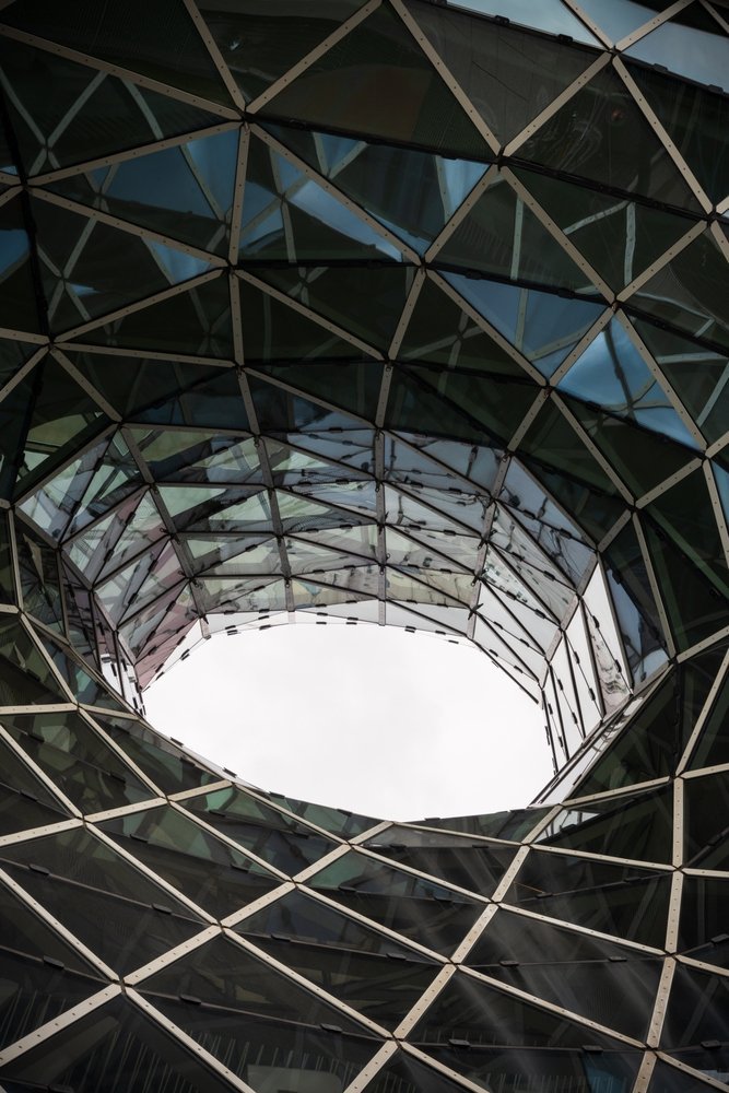 The funnel-shaped glass roof of the MyZeil shopping centre on the Zeil in Frankfurt