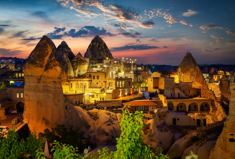 Göreme town in Cappadocia at sunset