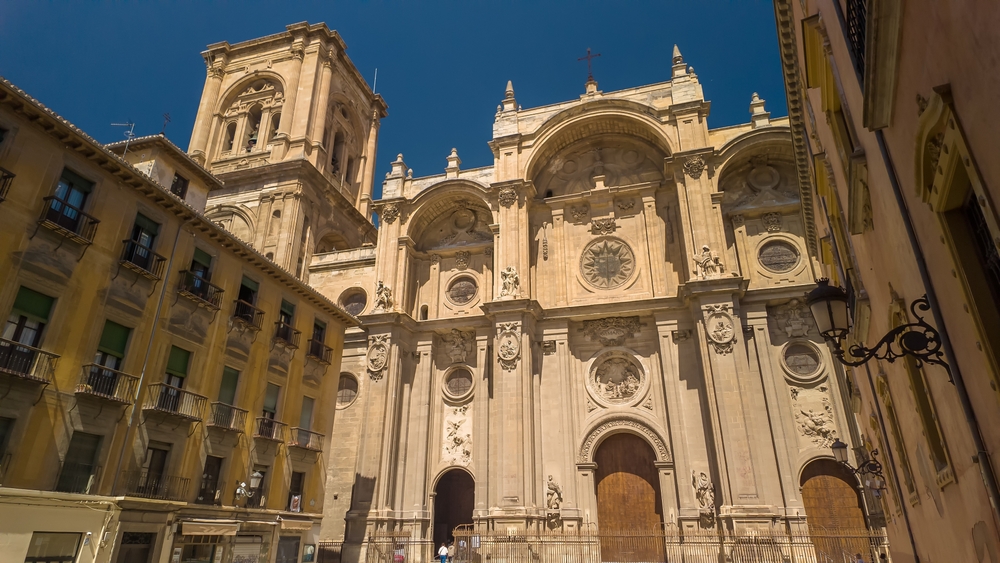 The beautiful façade of Granada Cathedral in the city centre