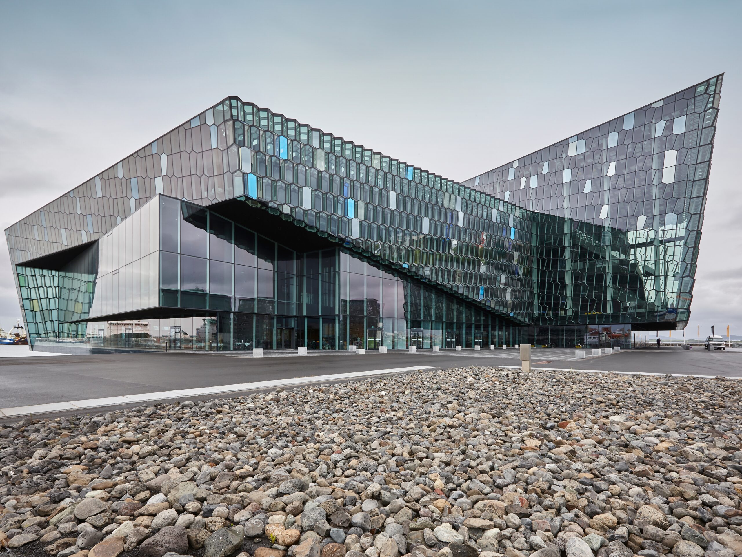 The glass facade of Harpa in Reykjavik