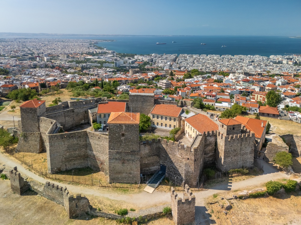 Aerial view of the Heptapyrgio (Yedi Kule) fortress and the towers of Ano Poli in Thessaloniki