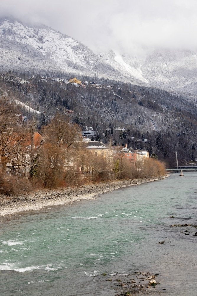 The Hungerburgbahn crossing the River Inn on its way up to Hungerburg in Innsbruck