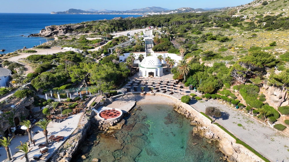Aerial view of the art deco buildings at Kallithea Springs on Rhodes