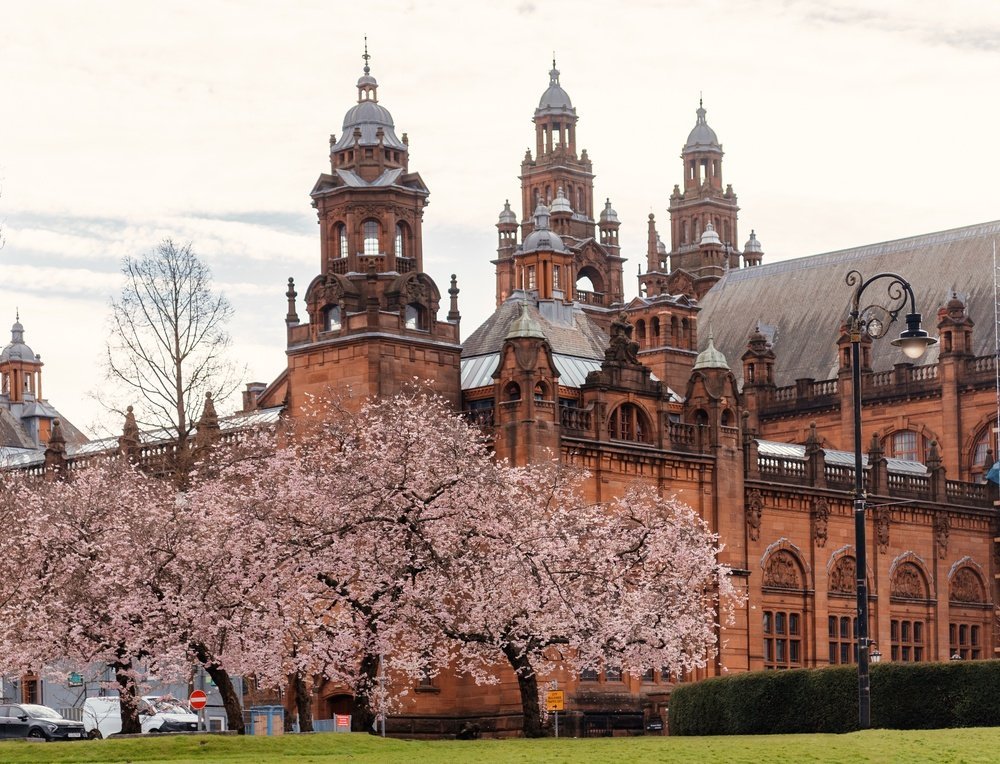 Kelvingrove Art Gallery and Museum in red sandstone among cherry trees in Glasgow