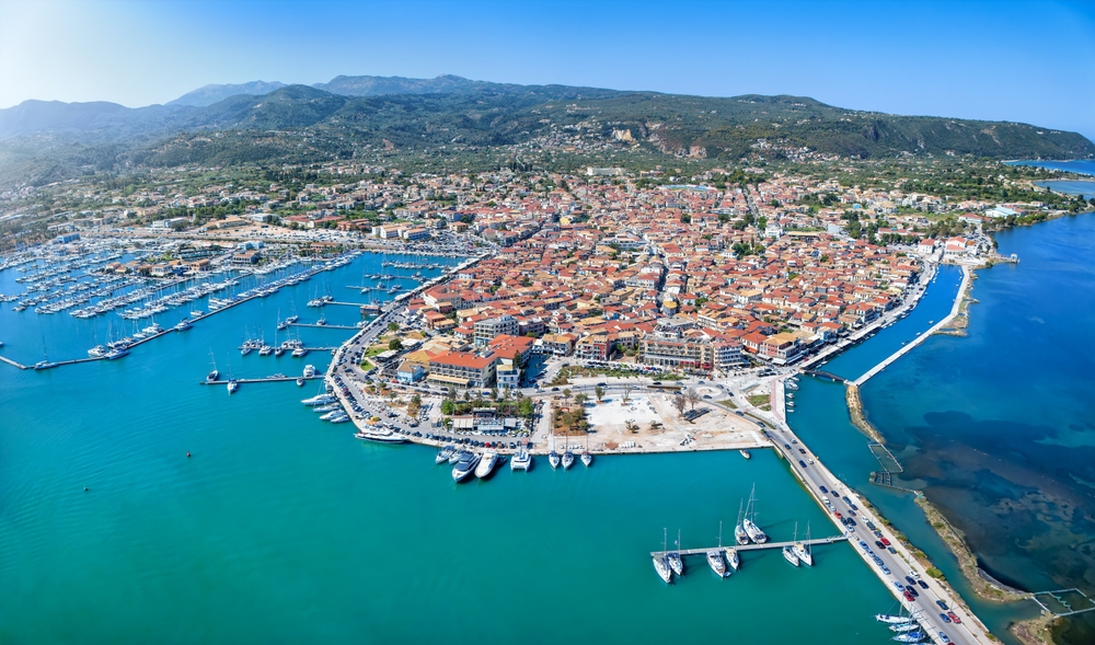 Aerial view of Lefkada Town with the marina and the harbour