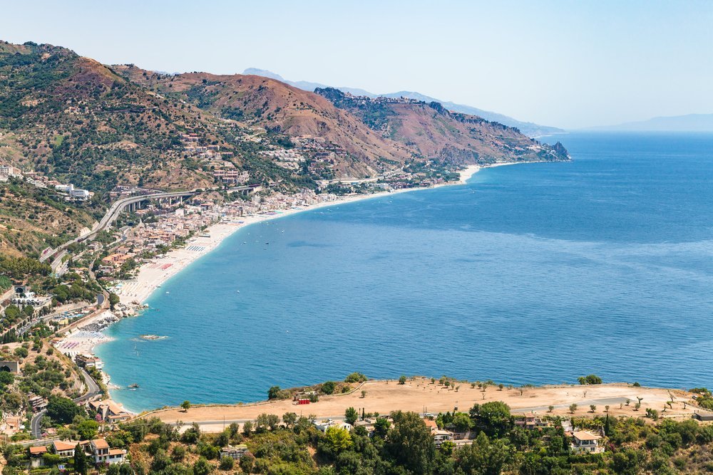 Letojanni and its beach seen from Taormina