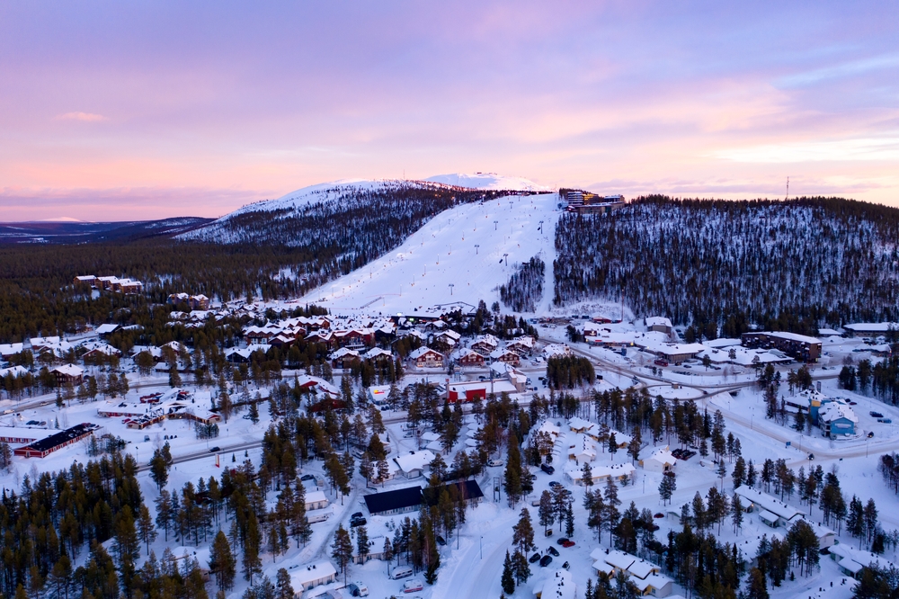 Aerial view of the ski resort of Levi on a winter evening in Lapland