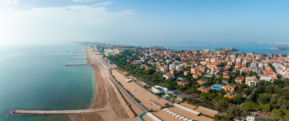 Aerial view of the Lido di Venezia with its long sandy beach facing the Adriatic Sea