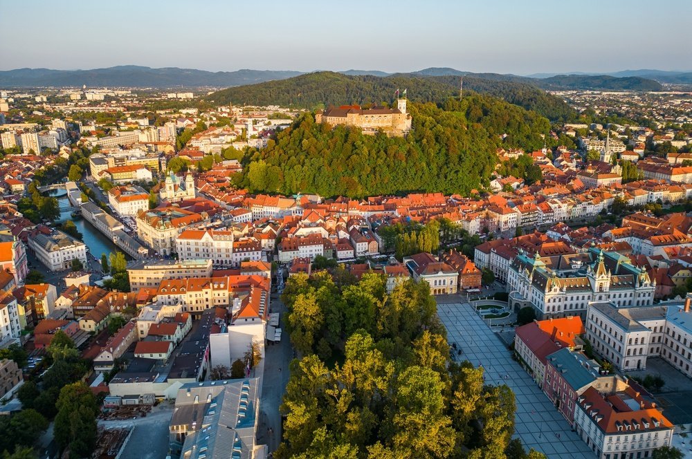 Ljubljana's Old Town with the castle on the hill and the Ljubljanica river