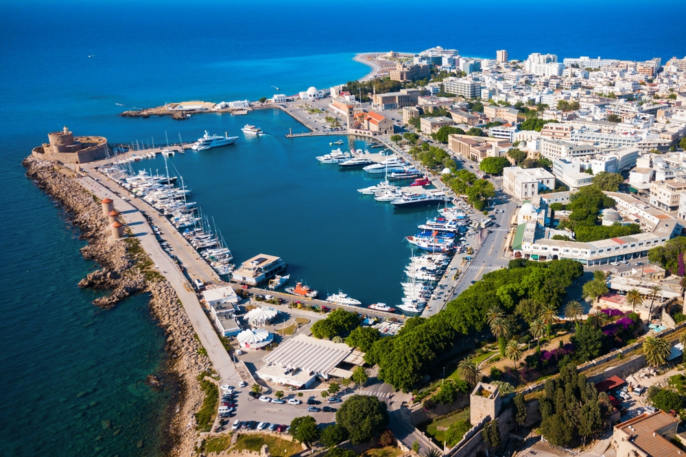 Aerial view of Mandraki Harbour in Rhodes Town