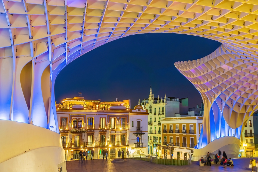 The wooden Metropol Parasol structure with the Seville skyline
