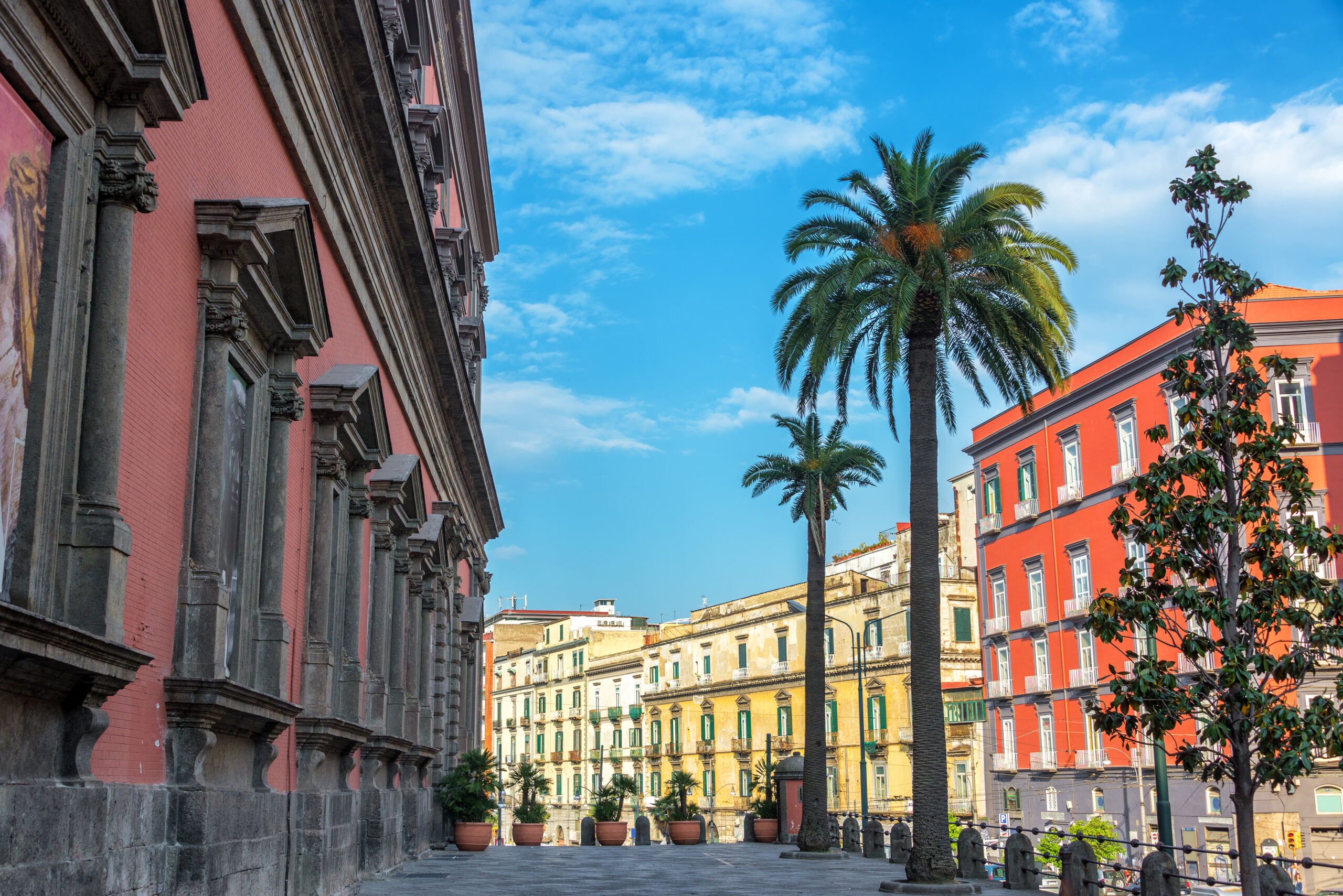 The National Archaeological Museum in Naples with palm trees in front of the facade