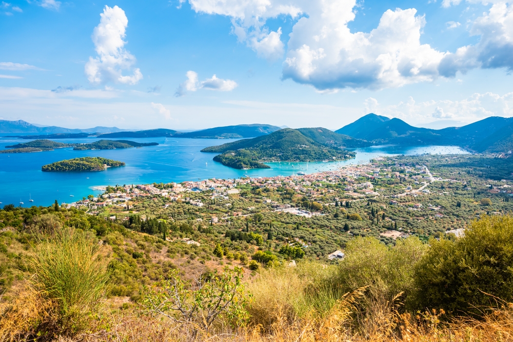 View over Nidri Bay with the sea and mountains in Lefkada