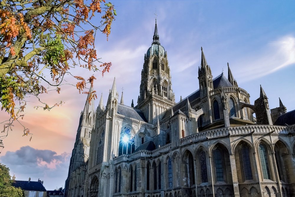 Notre-Dame Cathedral rising above the houses of Bayeux