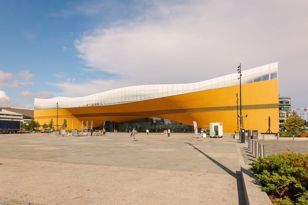 Oodi Central Library with its wooden facade on Kansalaistori in Helsinki