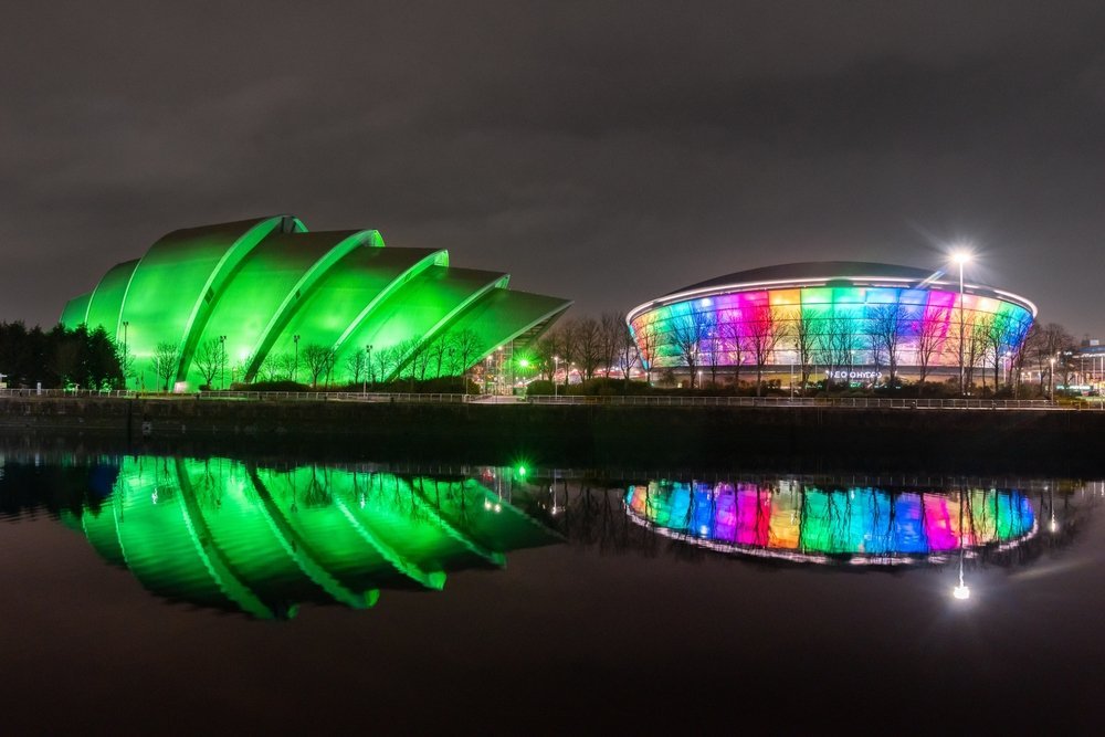 The OVO Hydro arena and the Clyde Auditorium by the River Clyde in Glasgow