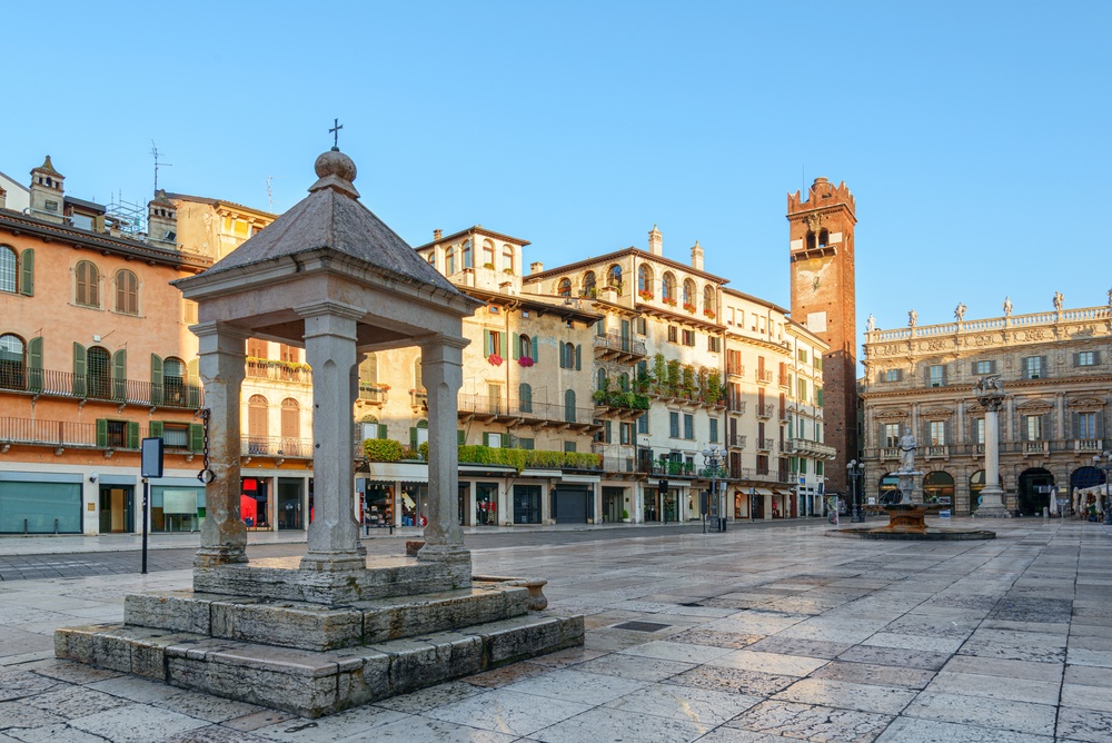 Piazza delle Erbe in Verona's Old Town with the old palazzi around the square