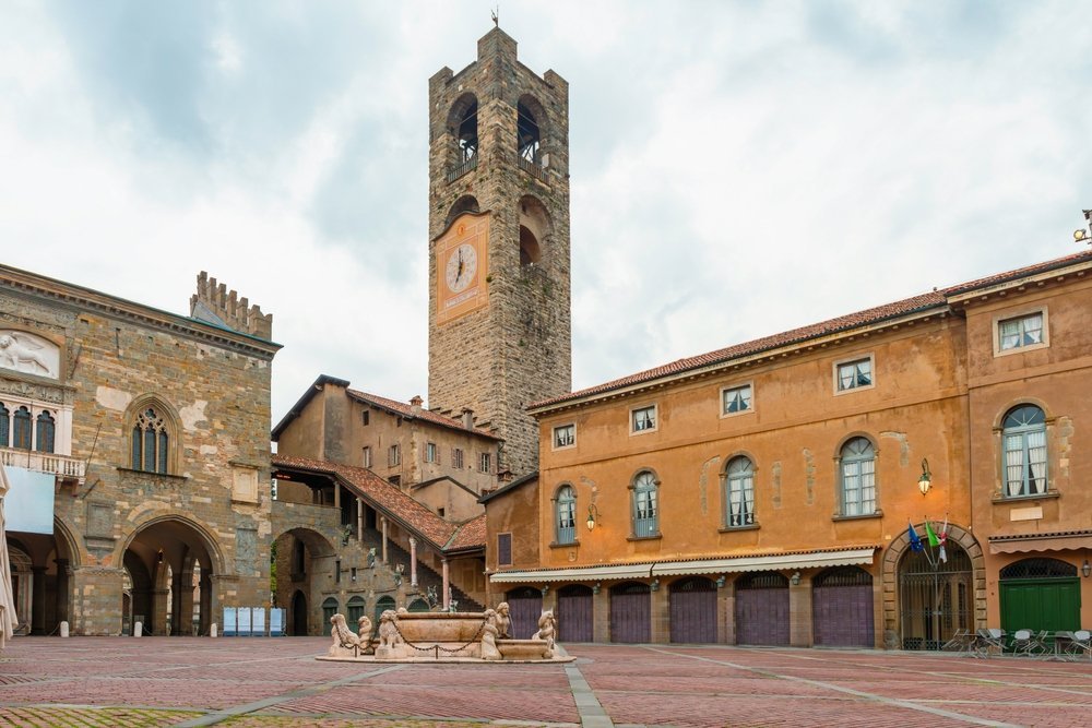 Piazza Vecchia and the Campanone bell tower in Città Alta, Bergamo