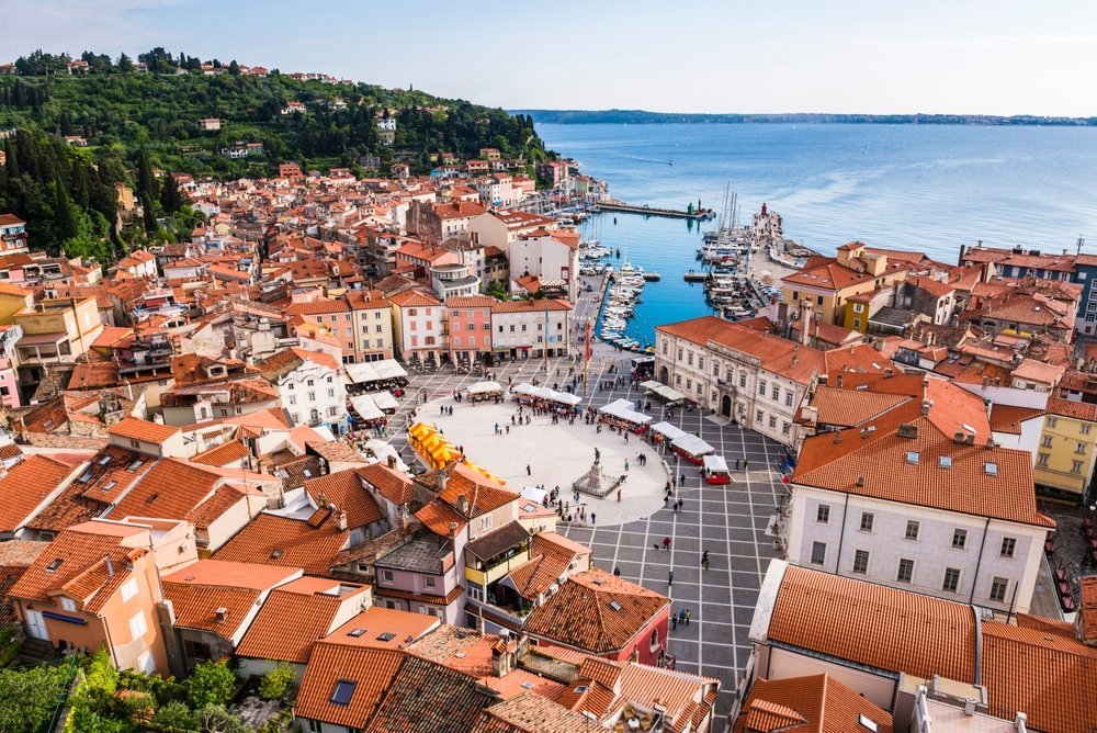 Piran and Tartini Square seen from St George's bell tower with the Adriatic Sea behind