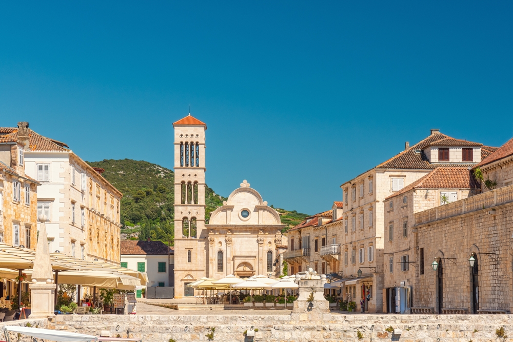 The Pjaca square with St Stephen's Cathedral in the Old Town of Hvar Town