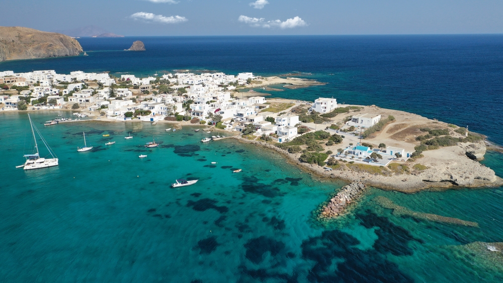 Aerial view of the bay and village of Pollonia