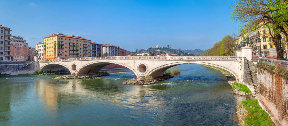 Panorama of the Ponte della Vittoria bridge over the Adige between the Old Town and Borgo Trento in Verona