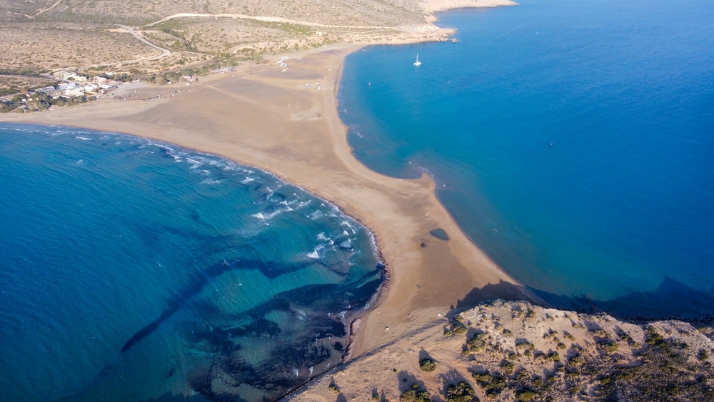 Aerial view of the sandbar and the lagoon at Prasonisi on Rhodes