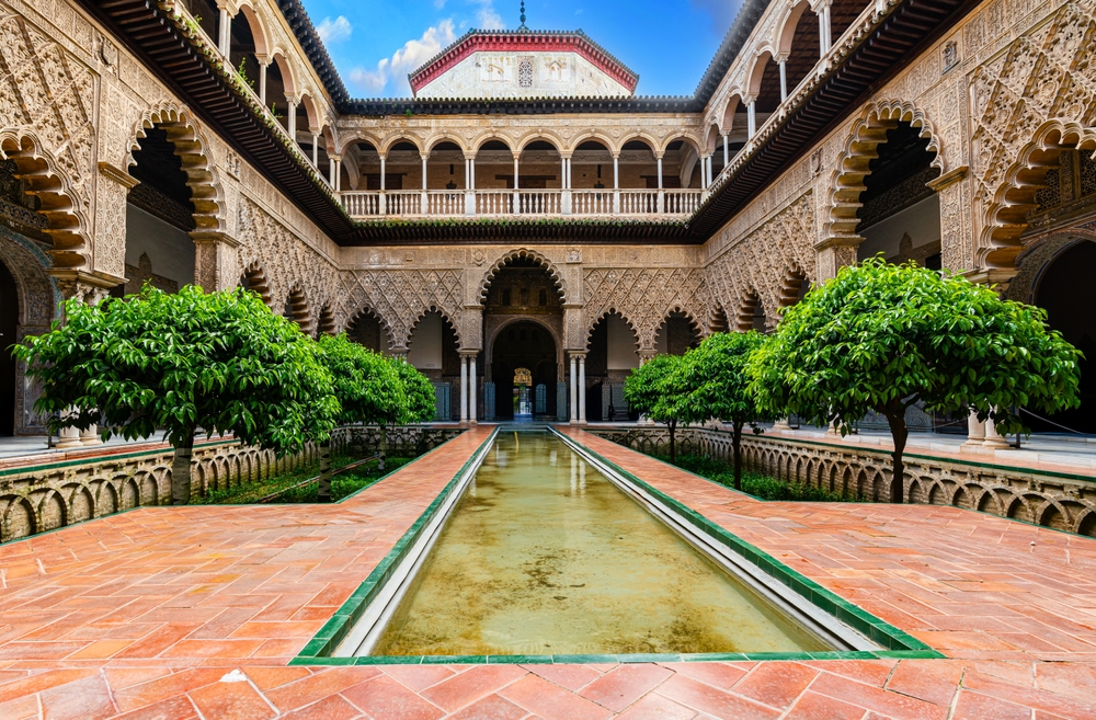 The Patio de las Doncellas, the Courtyard of the Maidens, in the Real Alcázar in Seville