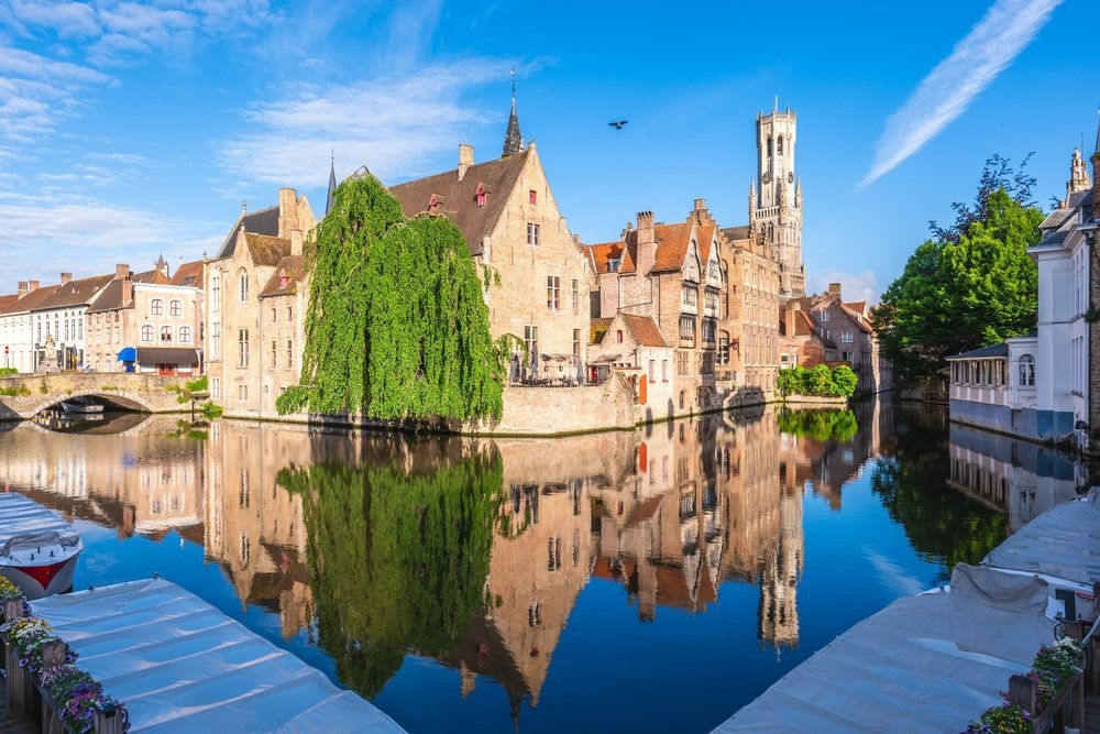 Rozenhoedkaai with the canal and the Belfry in Bruges