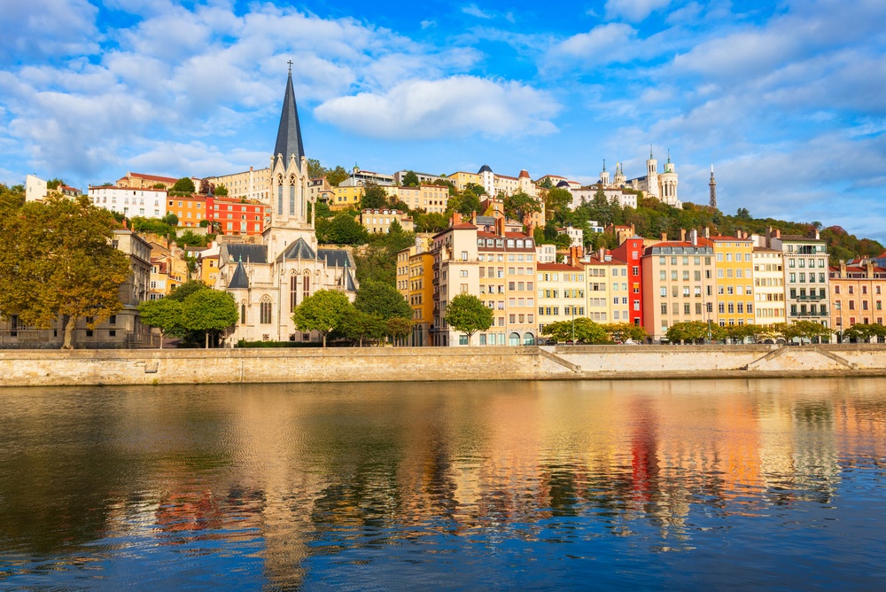 Saint-Georges church and the Saône quay in Vieux Lyon