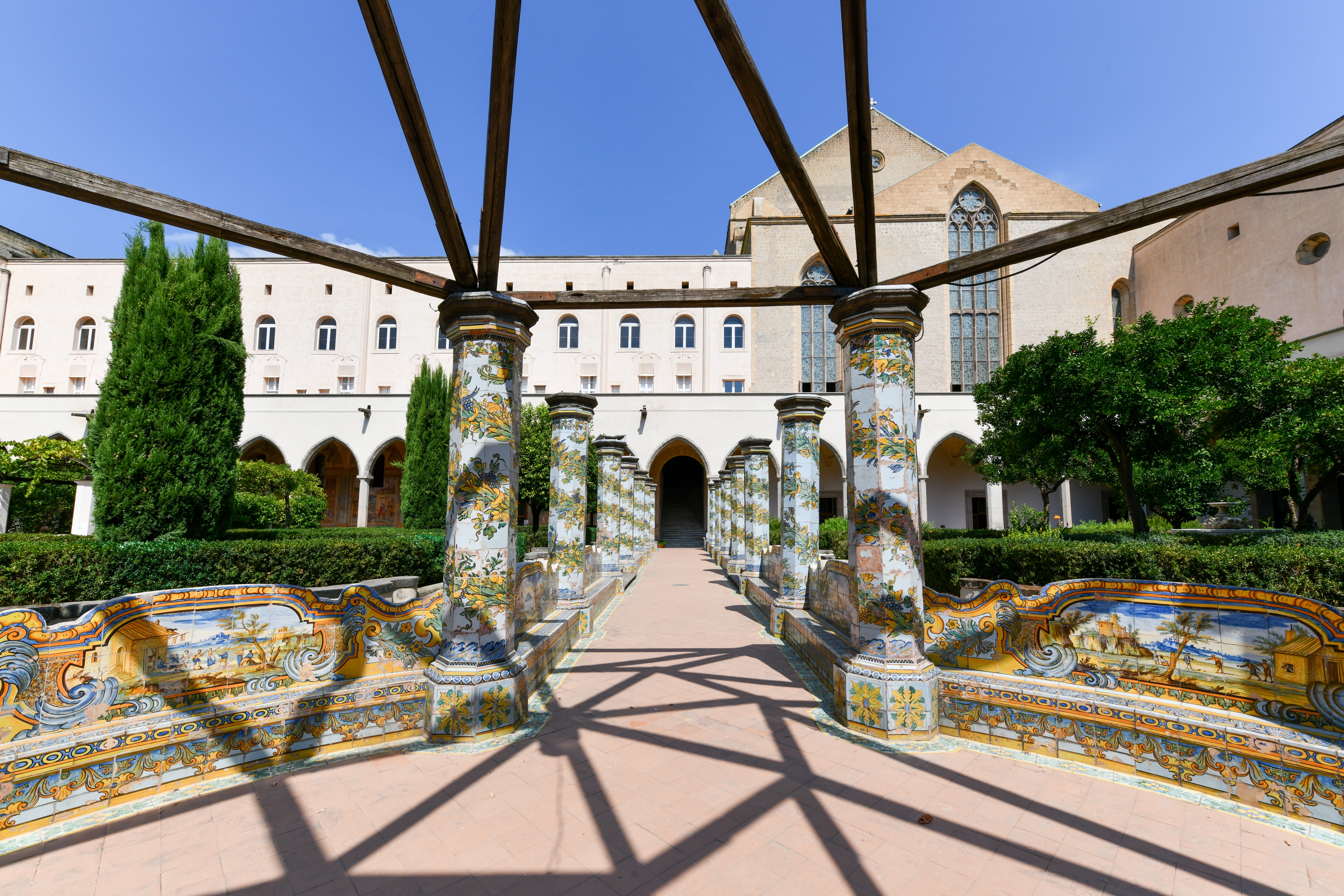 Majolica columns in the cloister of Santa Chiara in Naples