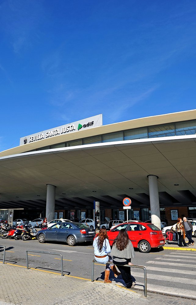 Santa Justa railway station in Seville with an AVE train