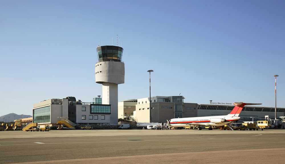 Olbia Costa Smeralda Airport in Sardinia with the control tower and terminal