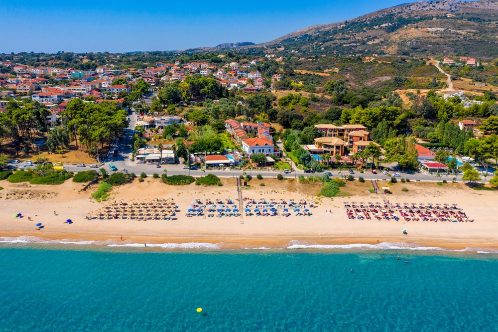 Aerial view of the beach in Skala, Kefalonia