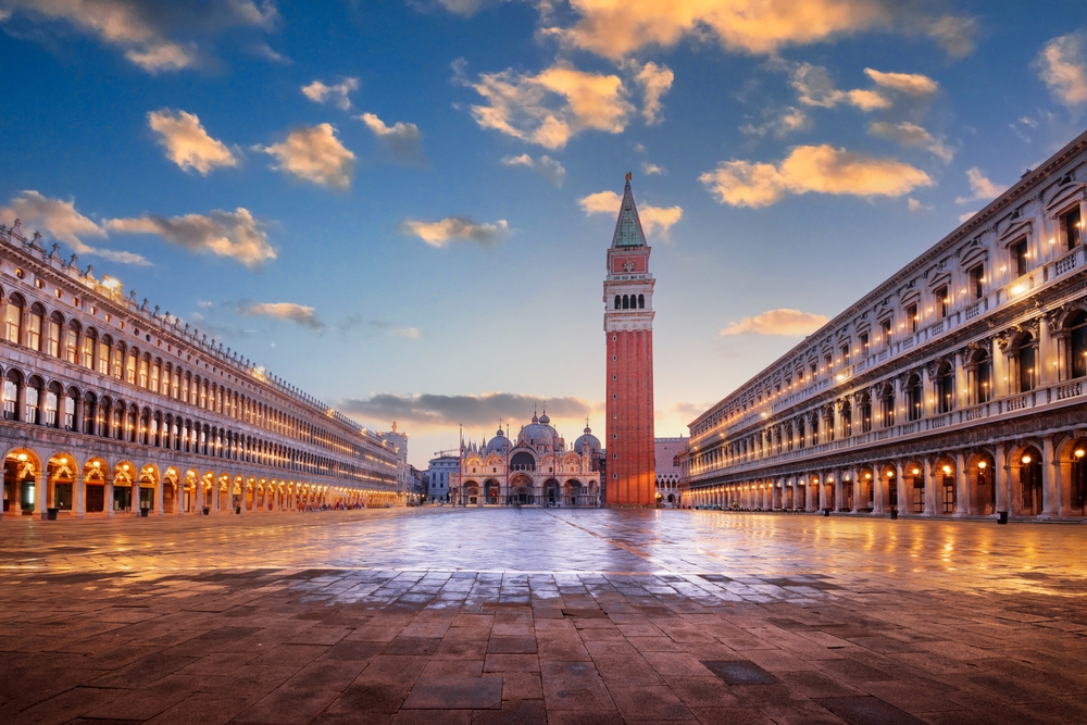 St Mark's Square in Venice with St Mark's Basilica and the bell tower at dusk