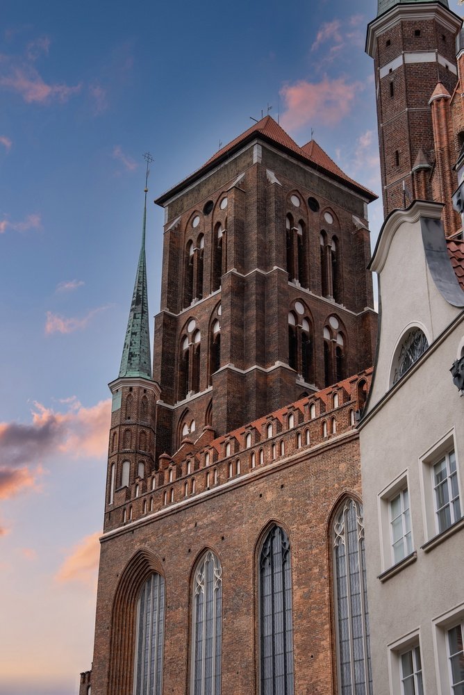 St Mary's Church brick tower and facade in evening light