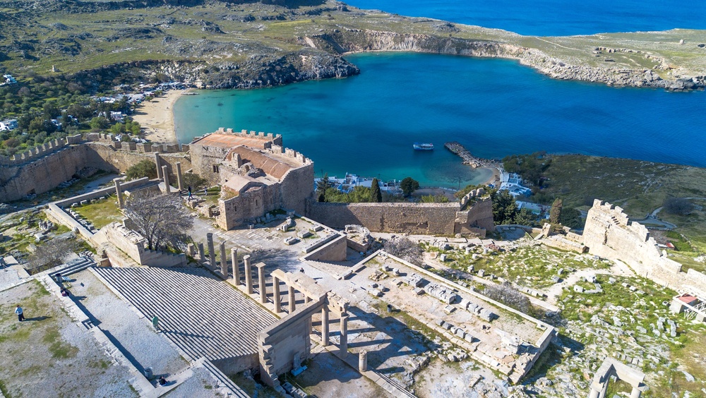 Aerial view of the Acropolis of Lindos and St Paul's Bay