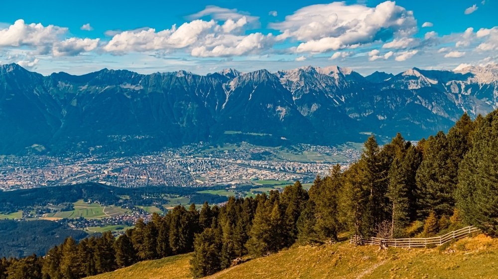 Summer view from Patscherkofel down over Innsbruck and the Inn Valley