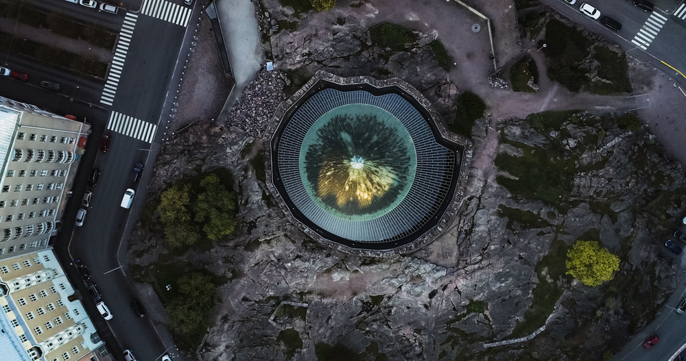 Temppeliaukio Church in Töölö seen from the air at sunrise