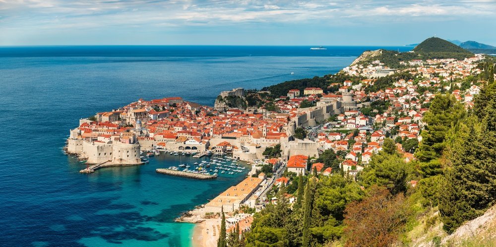 Aerial view of Dubrovnik's Old Town with the city walls and the red rooftops