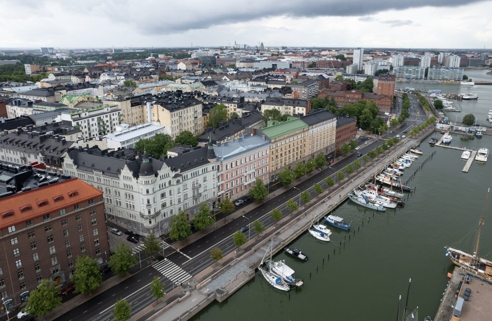Aerial view of Helsinki with Kruununhaka, the harbour and the church domes in the centre