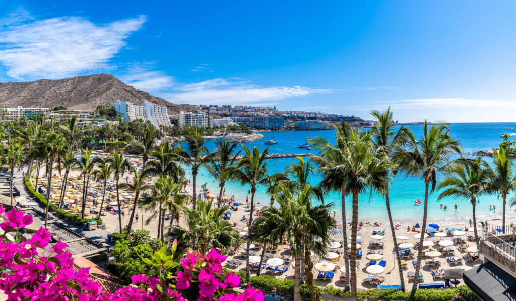 The beach at Anfi del Mar on Gran Canaria with palm trees, parasols and turquoise water